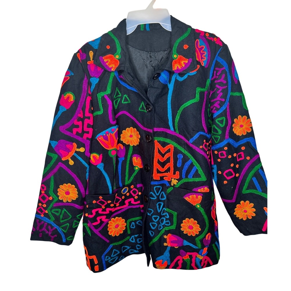 Vintage Embroidered Jacket‎ Women L Black Multi Color Art To Wear Neon
